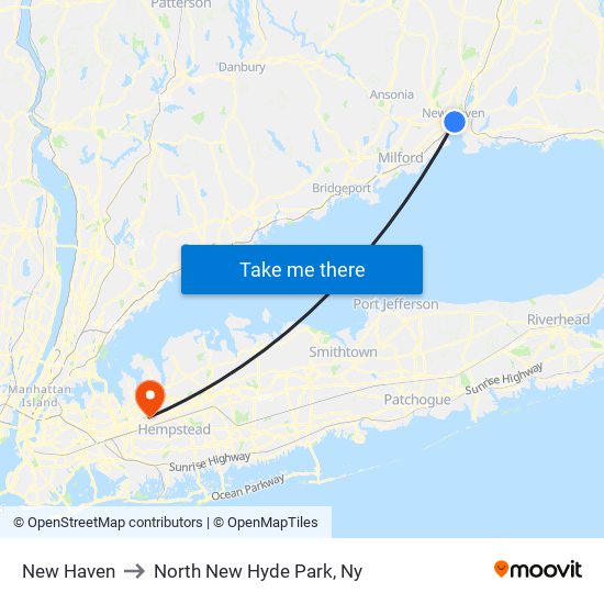 New Haven to North New Hyde Park, Ny map