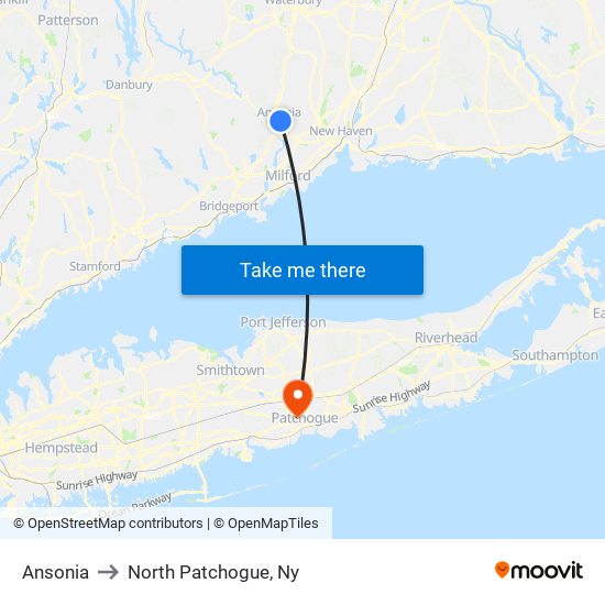 Ansonia to North Patchogue, Ny map