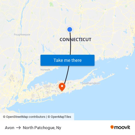 Avon to North Patchogue, Ny map