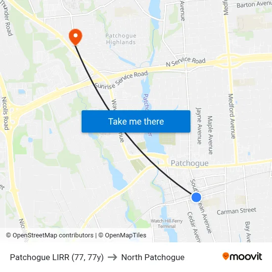 Patchogue LIRR (77, 77y) to North Patchogue map