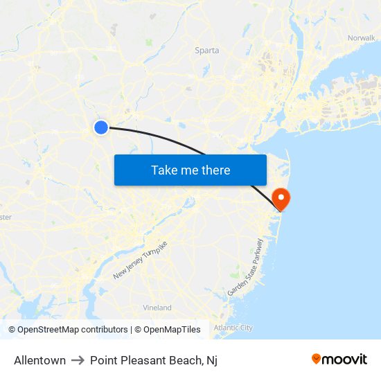 Allentown to Point Pleasant Beach, Nj map