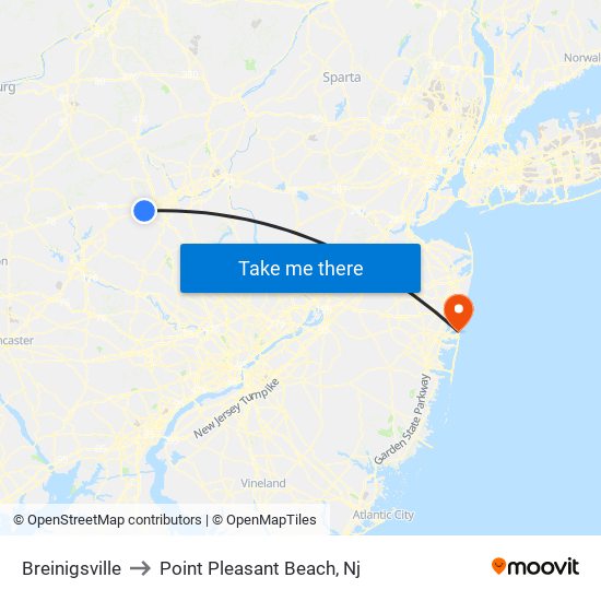 Breinigsville to Point Pleasant Beach, Nj map