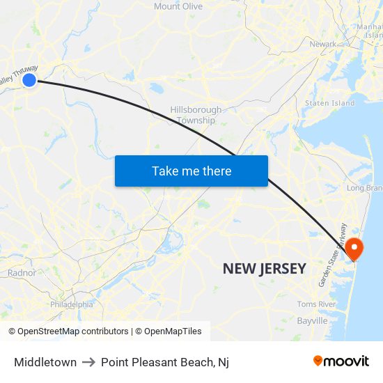 Middletown to Point Pleasant Beach, Nj map