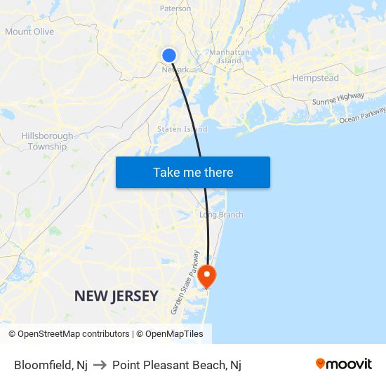 Bloomfield, Nj to Point Pleasant Beach, Nj map