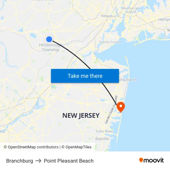 Branchburg to Point Pleasant Beach map