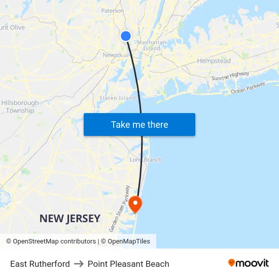 East Rutherford to Point Pleasant Beach map