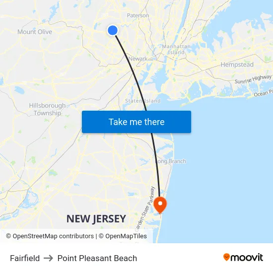 Fairfield to Point Pleasant Beach map
