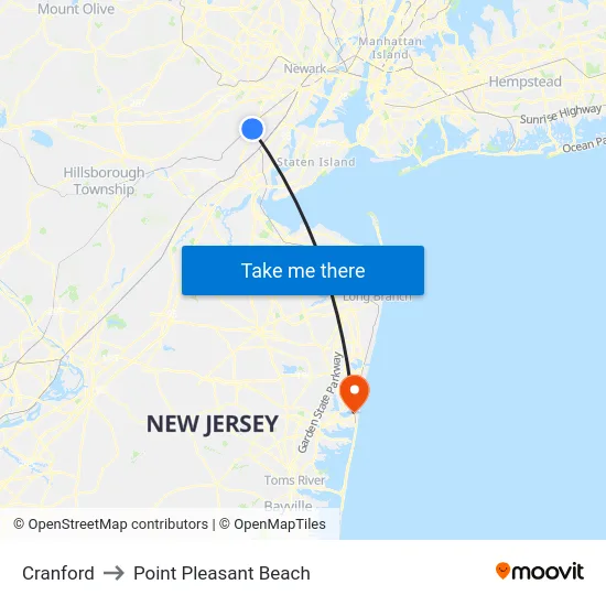 Cranford to Point Pleasant Beach map