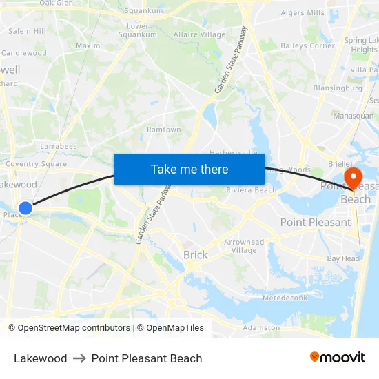 Lakewood to Point Pleasant Beach map
