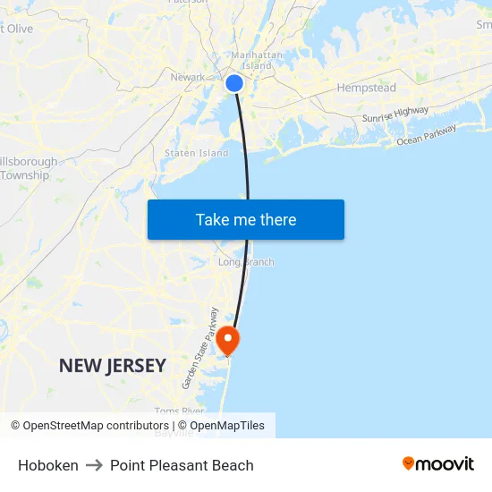 Hoboken to Point Pleasant Beach map