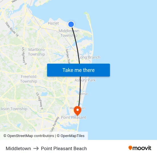 Middletown to Point Pleasant Beach map