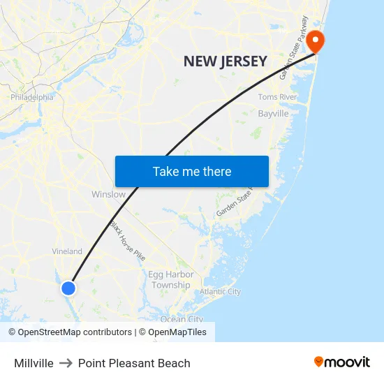 Millville to Point Pleasant Beach map