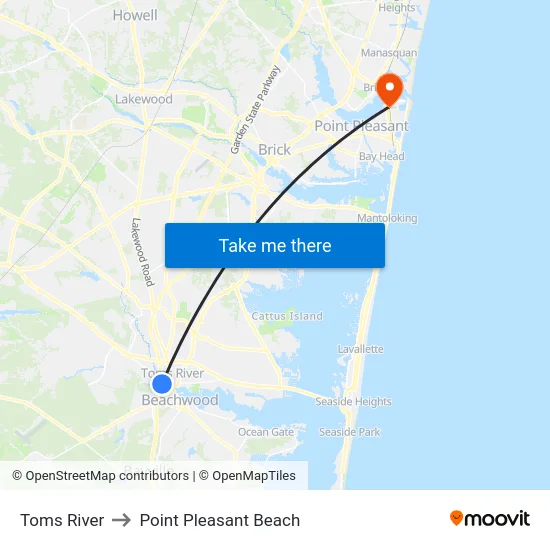 Toms River to Point Pleasant Beach map