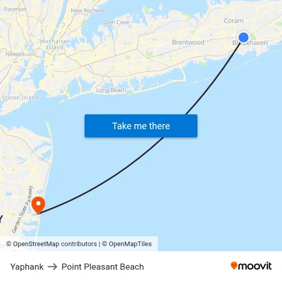 Yaphank to Point Pleasant Beach map