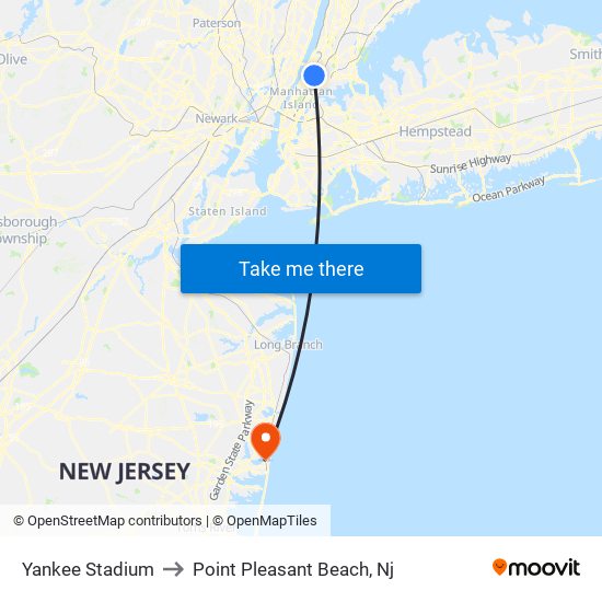 Yankee Stadium to Point Pleasant Beach, Nj map