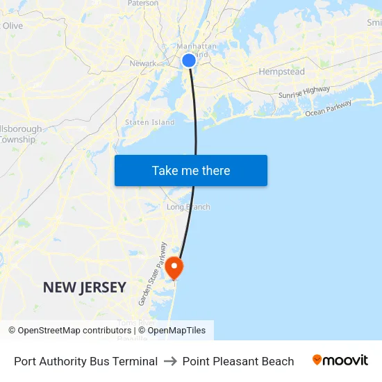Port Authority Bus Terminal to Point Pleasant Beach map