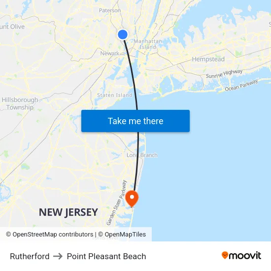 Rutherford to Point Pleasant Beach map