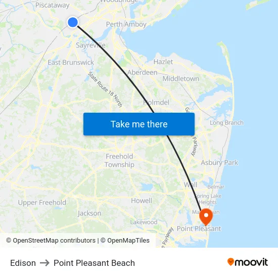Edison to Point Pleasant Beach map