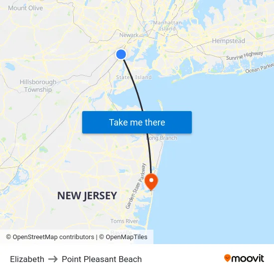 Elizabeth to Point Pleasant Beach map