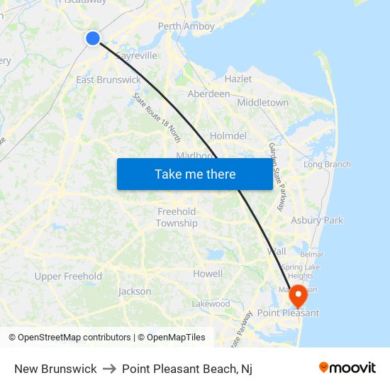 New Brunswick to Point Pleasant Beach, Nj map