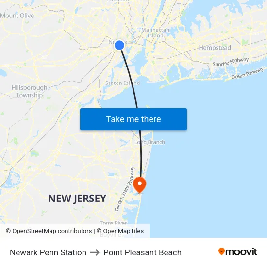 Newark Penn Station to Point Pleasant Beach map
