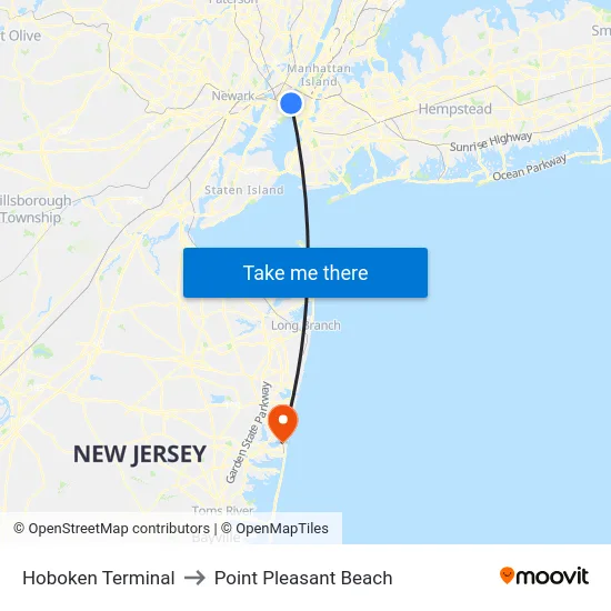 Hoboken Terminal to Point Pleasant Beach map