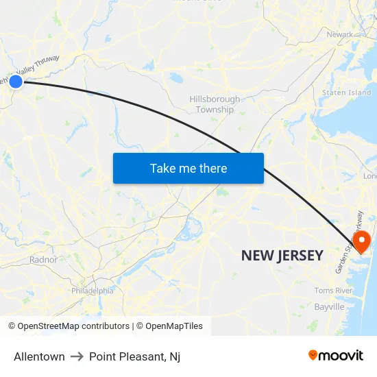 Allentown to Point Pleasant, Nj map
