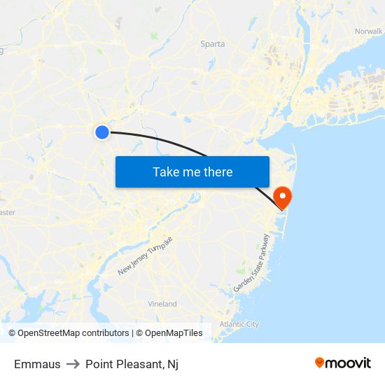 Emmaus to Point Pleasant, Nj map