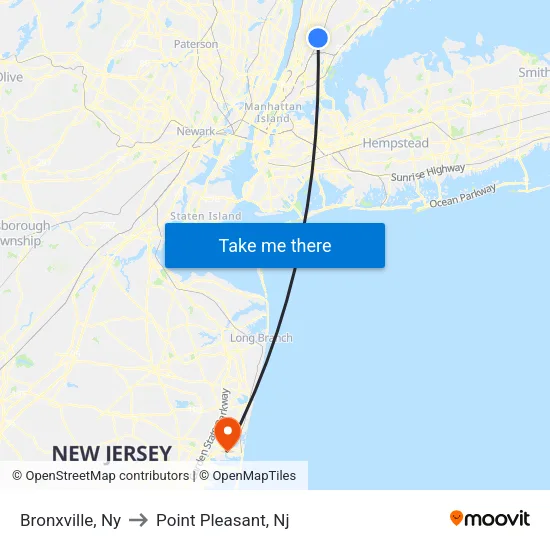 Bronxville to Point Pleasant, Nj map