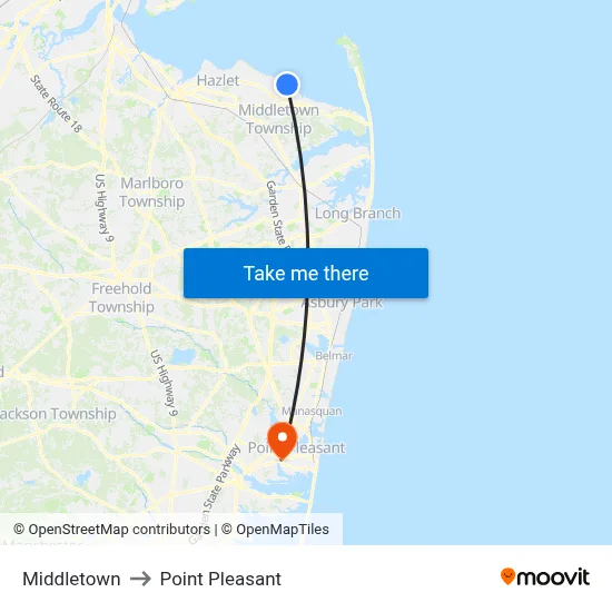 Middletown to Point Pleasant map