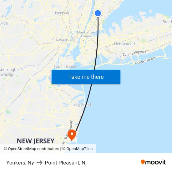 Yonkers to Point Pleasant, Nj map