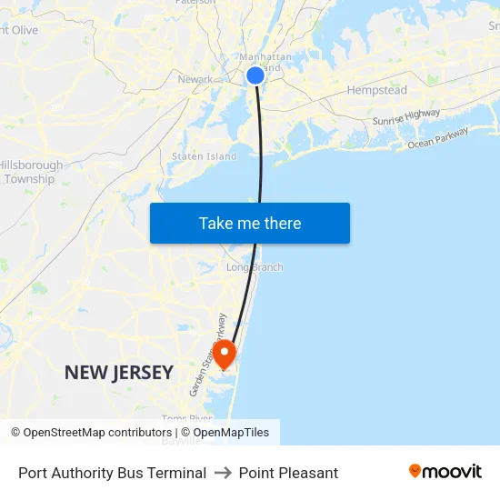 Port Authority Bus Terminal to Point Pleasant map