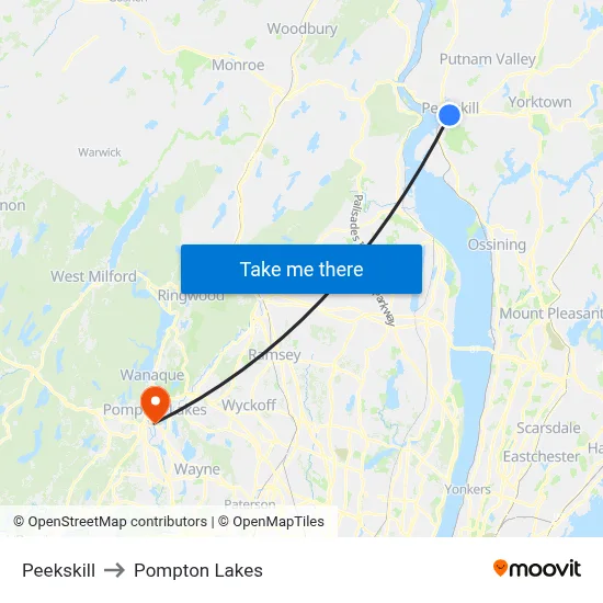 Peekskill to Pompton Lakes map