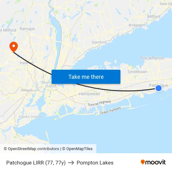 Patchogue LIRR (77, 77y) to Pompton Lakes map