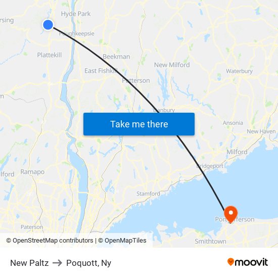 New Paltz to Poquott, Ny map