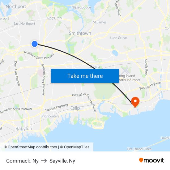 Commack, Ny to Sayville, Ny map