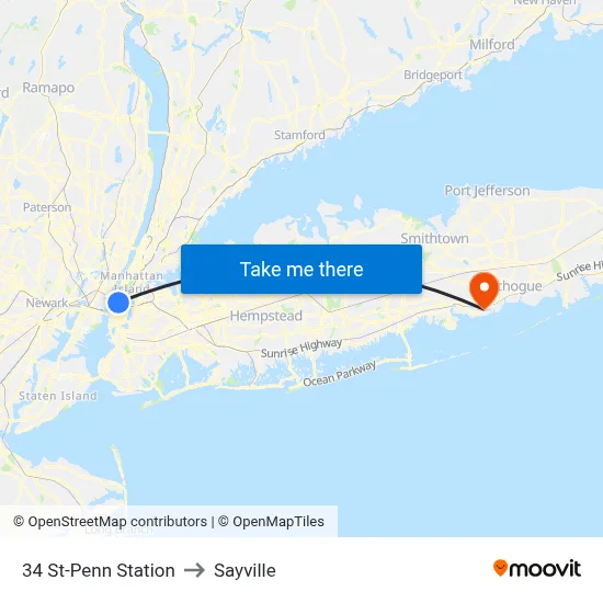 34 St-Penn Station to Sayville map