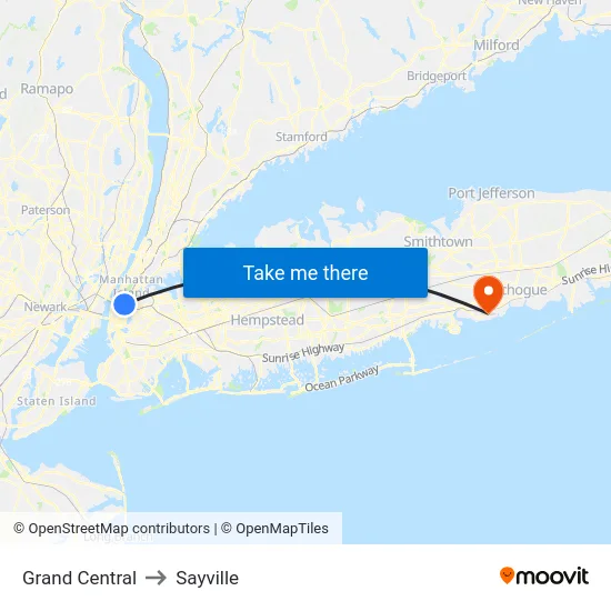 Grand Central to Sayville map