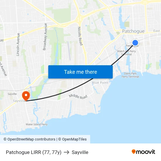 Patchogue LIRR (77, 77y) to Sayville map