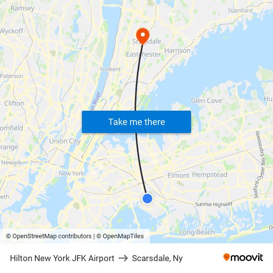 Hilton New York JFK Airport to Scarsdale, Ny map