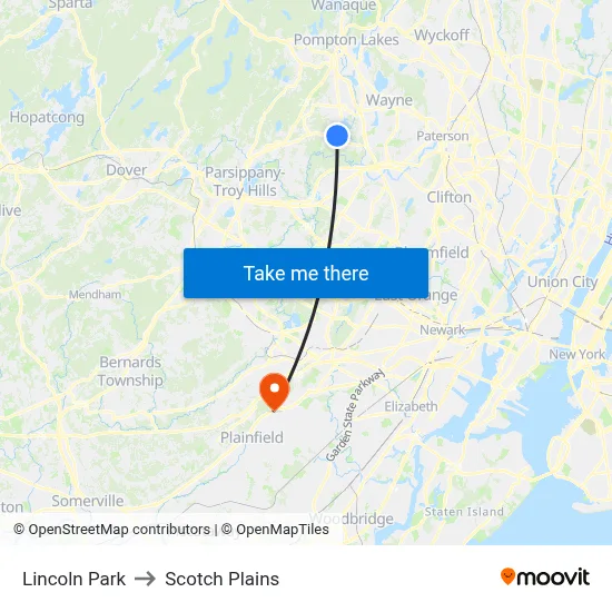 Lincoln Park to Scotch Plains map