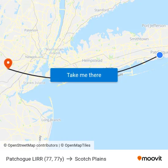 Patchogue LIRR (77, 77y) to Scotch Plains map
