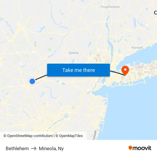 Bethlehem to Mineola, Ny map