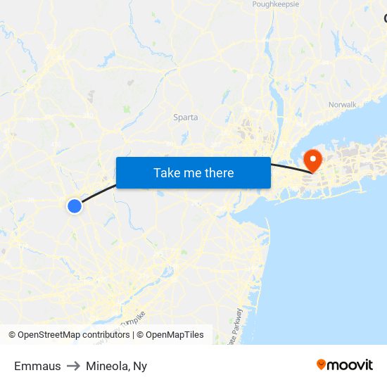 Emmaus to Mineola, Ny map