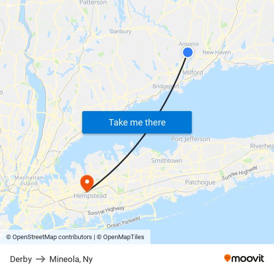 Derby to Mineola, Ny map