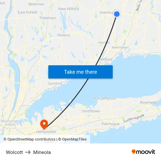 Wolcott to Mineola map