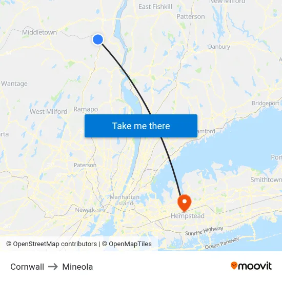 Cornwall to Mineola map