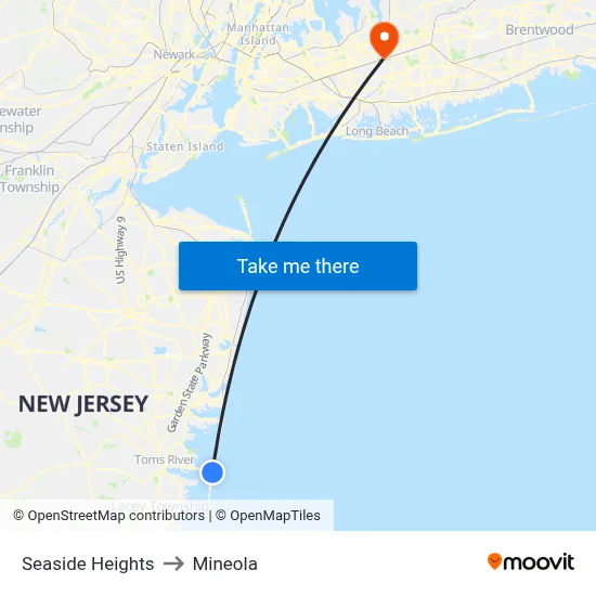 Seaside Heights to Mineola map