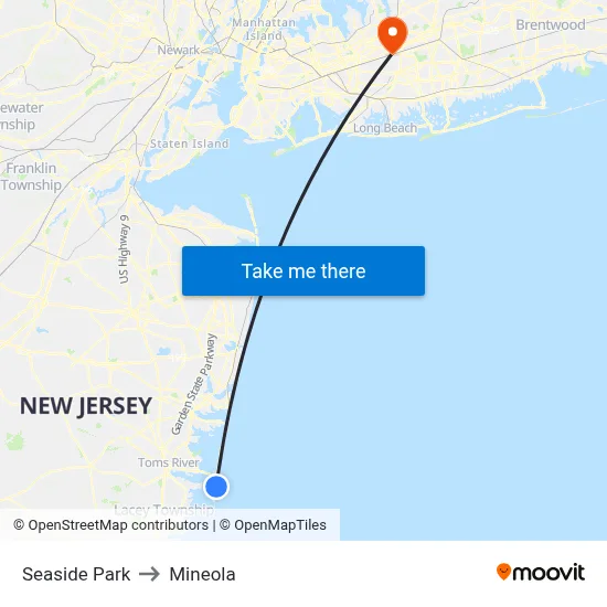 Seaside Park to Mineola map