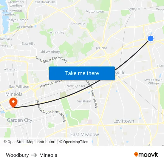 Woodbury to Mineola map